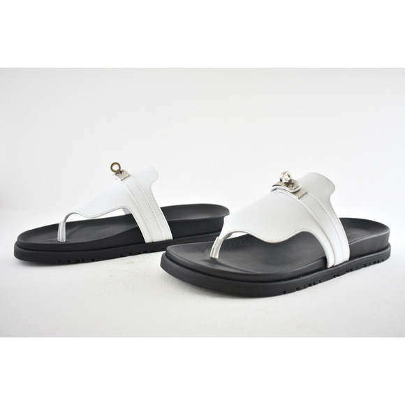 Hermes Empire Sandals White Black Leather Kelly Lock Logo Slide Mule Flat 37 - Picture 10 of 12
